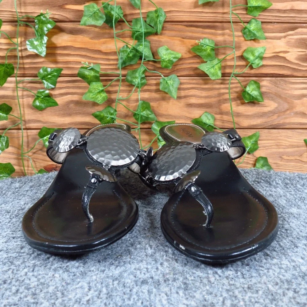 Alfani Kanika Women Wedge Sandal Size 8.5 Dressy Casual Black Leather Thong Heel